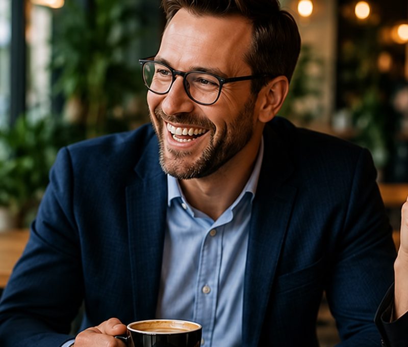 A smiling practitioner meeting colleagues over coffee