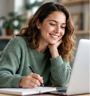 A professional studying online with a laptop and notebook